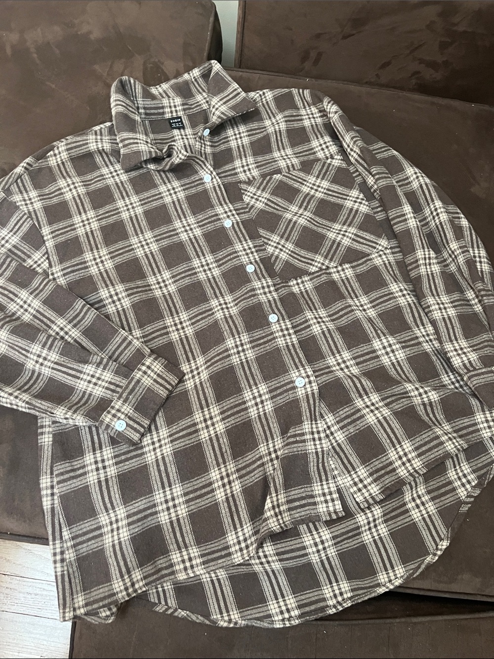 SHEIN women’s Brown and Cream Plaid Button-Down Shirt